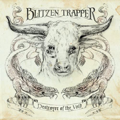Blitzen Trapper album cover: bull skull with entwined dragon illustrations.