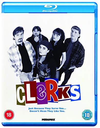 Clerks" Blu-ray cover featuring four actors and colorful title text.