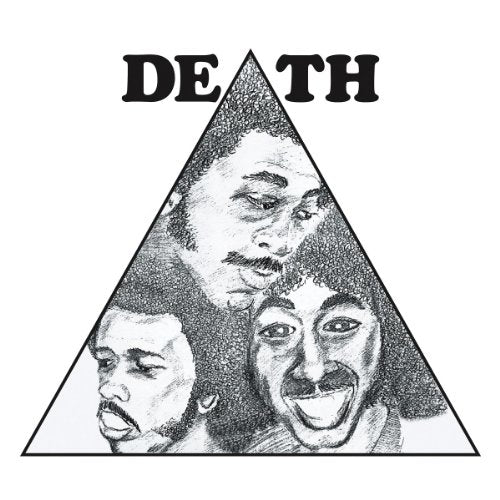 Black and white sketch of three men inside a triangle with the word DEATH.