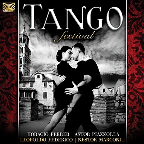 CD cover: Tango dancers embracing with a European town backdrop.
