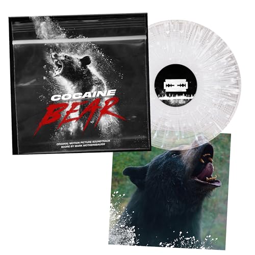 Cocaine Bear" soundtrack vinyl record with bear imagery and clear disc.