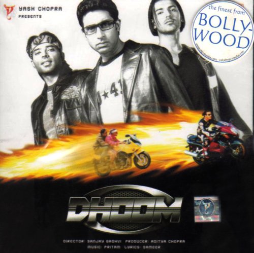 CD cover for “Dhoom” featuring three men and a motorcycle.