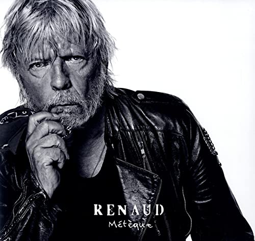 Black and white portrait of Renaud in a leather jacket, album cover.