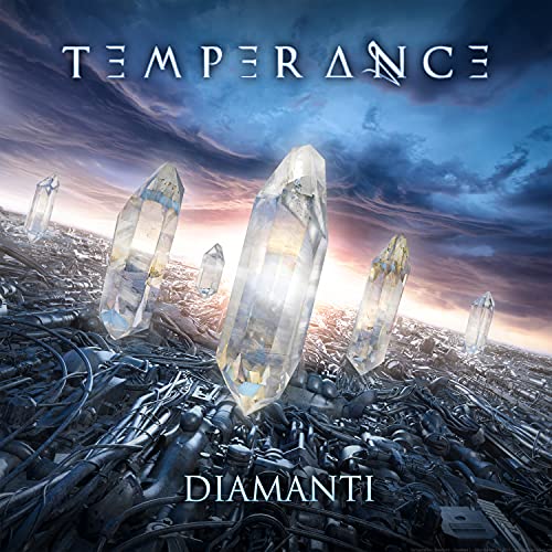 CD cover: crystals rising from a mechanical landscape under a stormy sky.