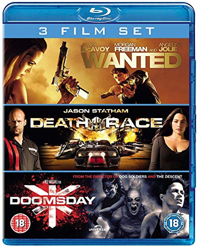 Blu-ray case featuring posters for the films Wanted, Death Race, and Doomsday.