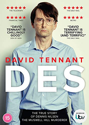 David Tennant wearing glasses and a light blue shirt on the Des DVD cover.