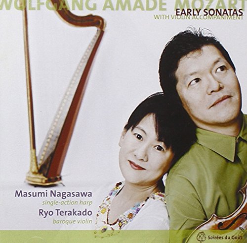 CD cover featuring musicians Nagasawa and Terakado with a harp and violin.