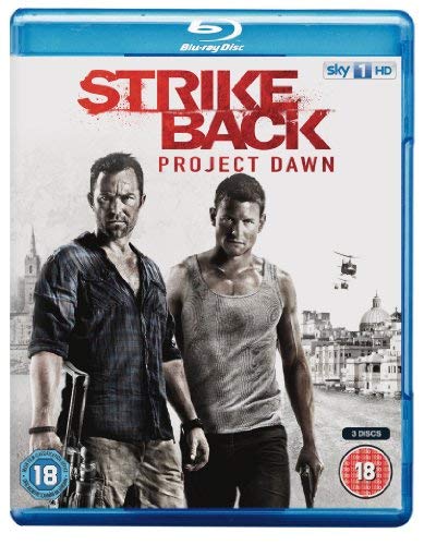 Strike Back: Project Dawn" Blu-ray cover with two men and city background.