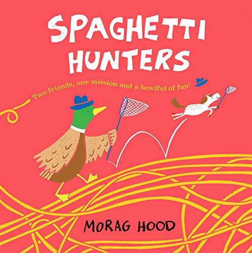 A duck and a small horse holding butterfly nets on a red spaghetti background.