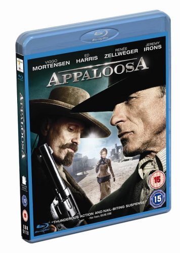 Appaloosa Blu-ray cover featuring Viggo Mortensen and Ed Harris in western attire.