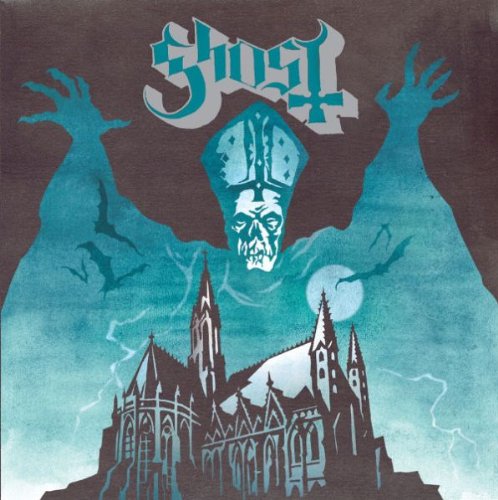 Ghost album cover: skeletal figure before a cathedral, bats, and moon.