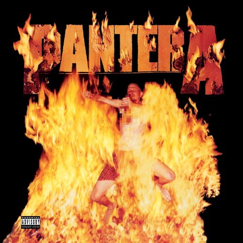 Pantera album cover: band name in flames, figure engulfed in fire.