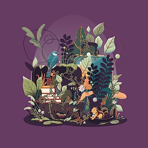 Album cover with birds, squirrels, foliage, and an open book.