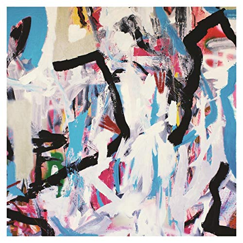 Abstract painting with bold black brushstrokes on a colorful background.