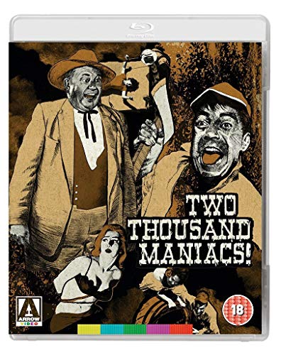 Two Thousand Maniacs!" Blu-ray cover featuring two men and a distressed woman.