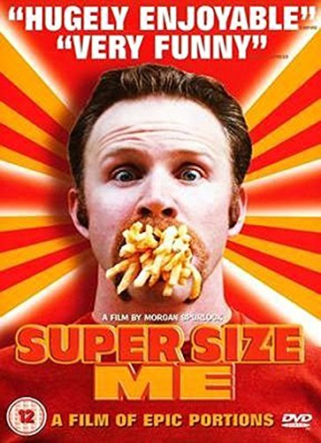 DVD cover for “Super Size Me” featuring a man with fries on his face.