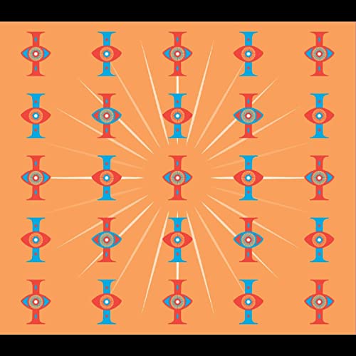 Orange album cover with repeating blue and red eye-like geometric shapes.