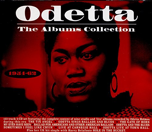Odetta album cover, portrait of a Black woman, red and black tones.
