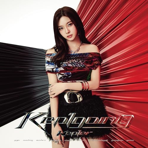 Kep1er album cover featuring a member with long brown hair and red accents.