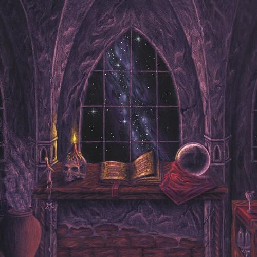 Dark fantasy illustration of a skull, book, and crystal ball on a table.