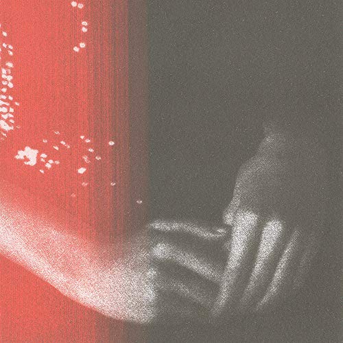 Abstract album cover with red and gray tones, showing a seated figure.
