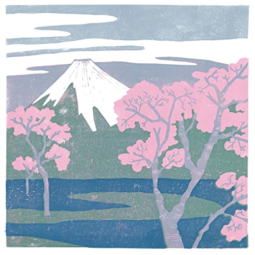 Linocut style image of a mountain with cherry blossoms.