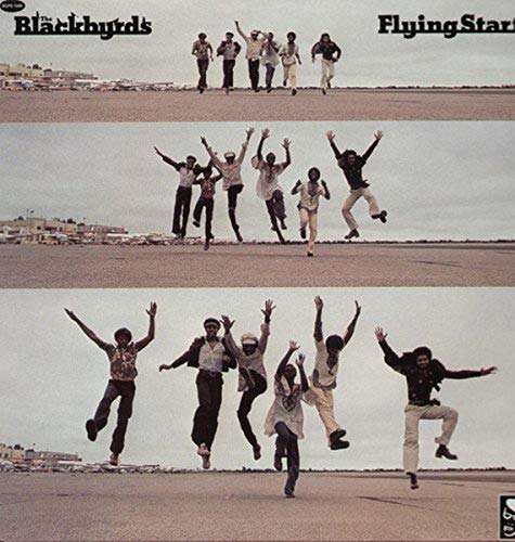 Album cover: The Blackbyrds jumping in the air on a runway.
