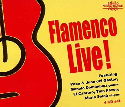 Red album cover for "Flamenco Live!" featuring a guitar silhouette.