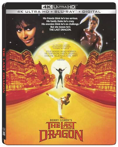Blu-ray cover for "The Last Dragon" featuring characters and a city skyline.