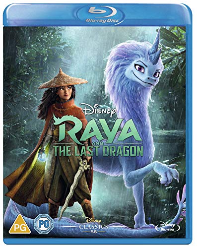 Blu-ray cover for Disney’s “Raya and the Last Dragon” featuring Raya and Sisu.