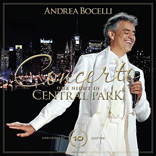 Andrea Bocelli on DVD cover, performing with orchestra in Central Park.