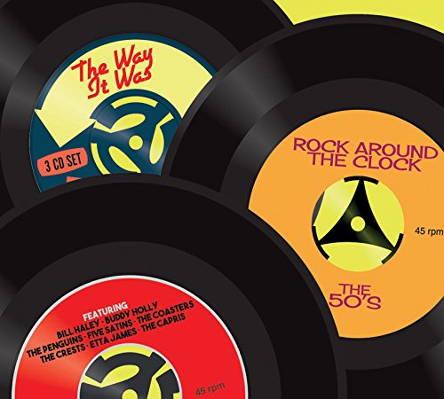CD cover art featuring stacked vinyl records and 1950s rock and roll theme.