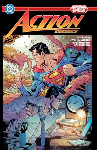 Superman struggles with a monstrous creature while a man works at a desk.
