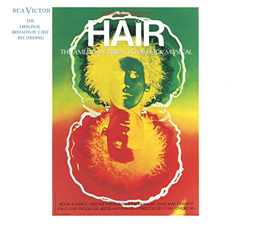 Hair" musical CD cover with a portrait of a man and vibrant colors.