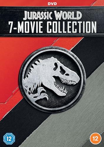Jurassic World 7-movie collection DVD box set with a T-Rex skeleton logo.