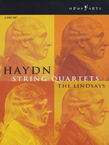 DVD cover for Haydn string quartets featuring portraits of composer Haydn.