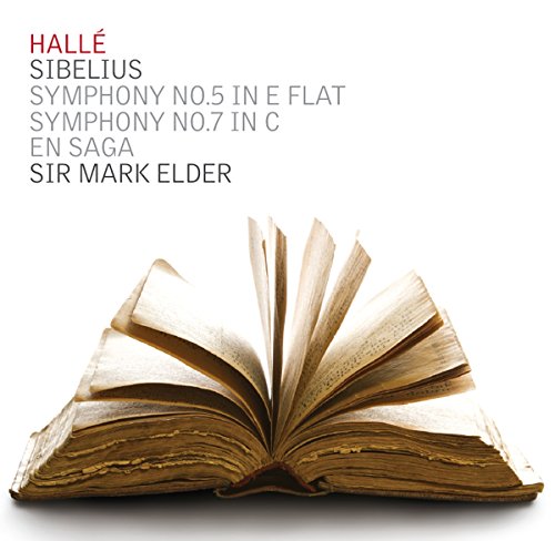 An open, weathered book sits below text listing Sibelius symphonies conducted by Sir Mark Elder.
