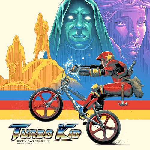 “Turbo Kid” CD cover featuring a boy on a red motorcycle and villainous figures.