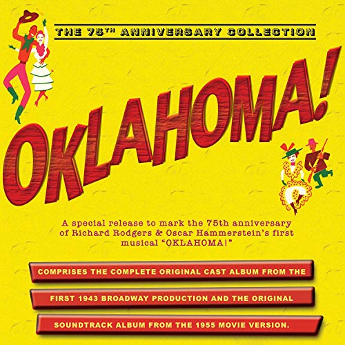 CD cover for “Oklahoma!” 75th Anniversary Collection, yellow background, red text.