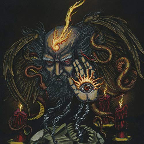 Dark fantasy painting of a horned figure with snakes and burning candles.