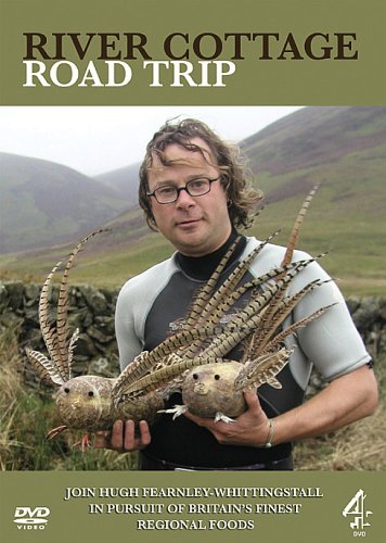 Hugh Fearnley-Whittingstall holds two pheasants in a rural landscape.