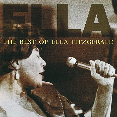 Sepia-toned photo of Ella Fitzgerald holding a microphone while singing.