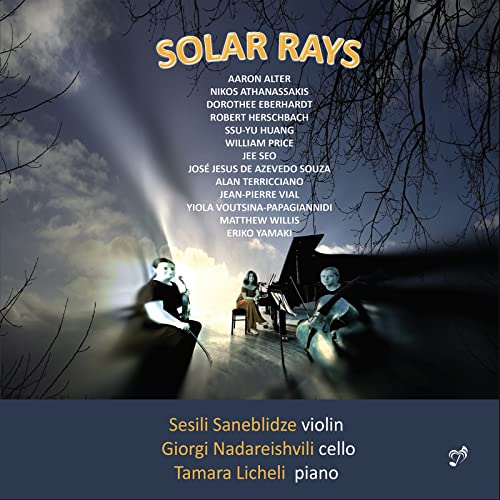CD cover for “Solar Rays” featuring musicians and abstract trees.