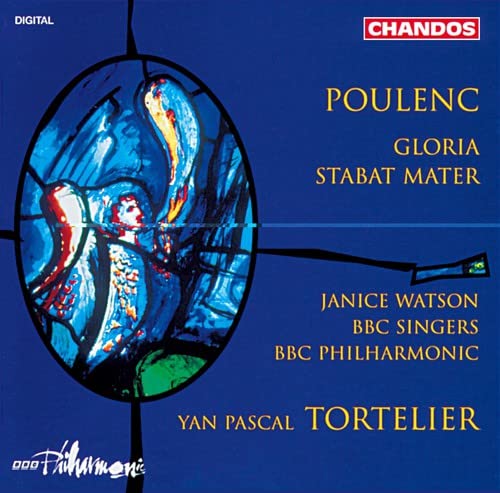 CD cover for Poulenc’s Gloria/Stabat Mater, featuring stained-glass imagery.