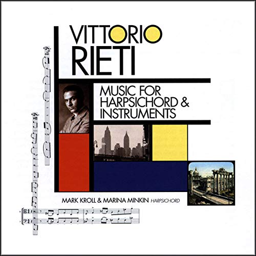CD cover featuring Vittorio Rieti text, a portrait, cityscapes, musical notation, and abstract blocks.