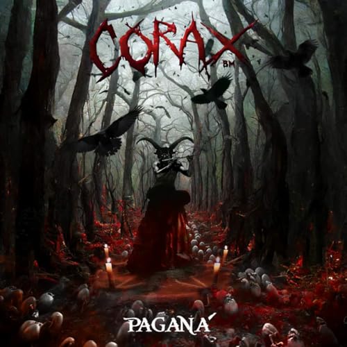 Dark forest scene with a horned figure and flying ravens, album cover.