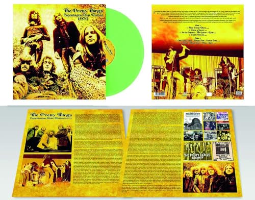 1970s band photo and light green vinyl record for "The Pretty Things.
