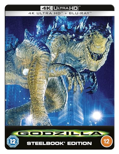 Godzilla movie cover, featuring the monster in a blue-toned cityscape.