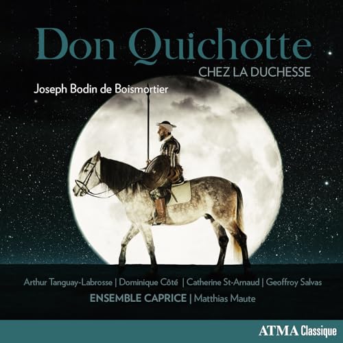 CD cover: Don Quichotte and horse silhouetted against a full moon.