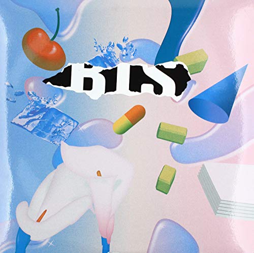 Album cover with collage of fruit, pills, and torn text on pastel background.